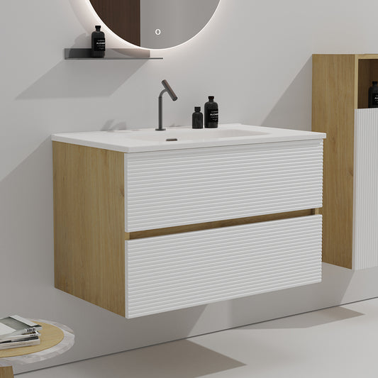 Gloria 30' Wall Mounted Snow White Matt & Natural Oak Bathroom Vanity with Integrated Ceramic Sink with Overflow, Large Storage Floating Bathroom Vanity for Modern Bathroom, Pre-assembled