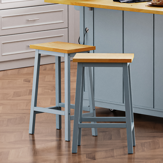 K&K Solid Wood Bar Stools (Not Cheap Iron), 25.6' Tall Set of 2 Bar Chairs, Kitchen Counter Stools with Footrests, Farmhouse Stools for Dining Room, Kitchen, Counter, Grey Blue