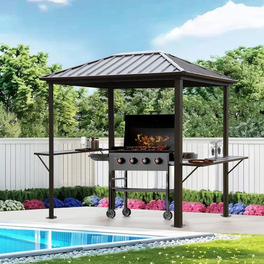 Grill Hardtop Gazebo 6x8 FT- Outdoor Metal Hard Top Gazebo, Permanent BBQ Gazebo with Galvanized Steel,Aluminum Framed Pavilion with Shelves for Patio Backyard Lawn Garden, Patio, Backyard Single Roof