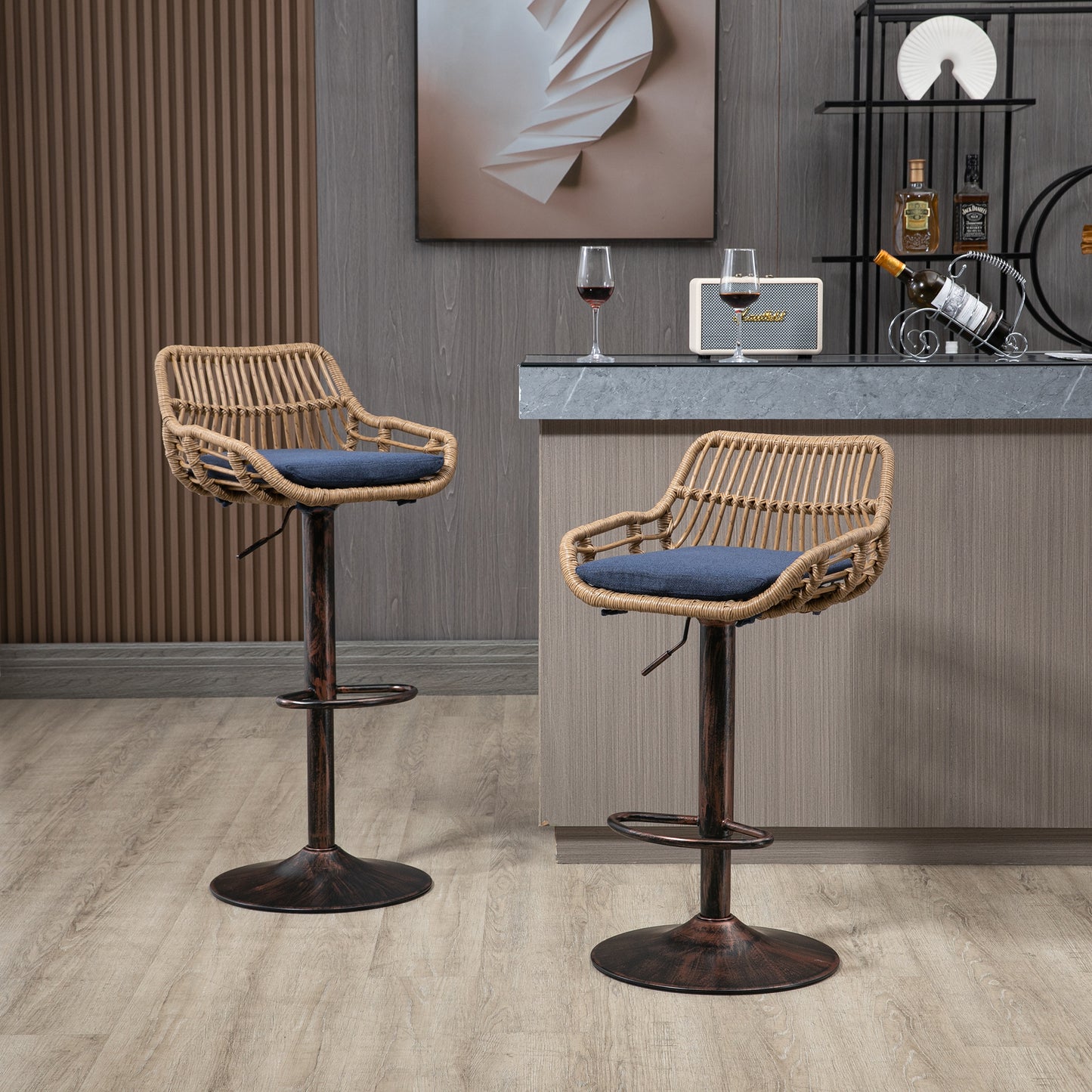 COOLMORE Modern Swivel Bar Stools Set of 2 Adjustable Counter Height Chairs with Footrest for Kitchen, Dining Room (Blue)