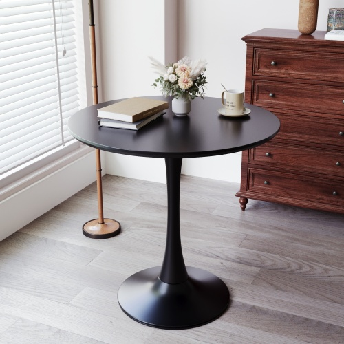 Black Round Table, Modern Dining Table, MDF Top and Steel Base Tulip Round Kitchen Table, Mid Century Coffee Table for Living Room 24 Inch,Kitchen Table,Dining Table
