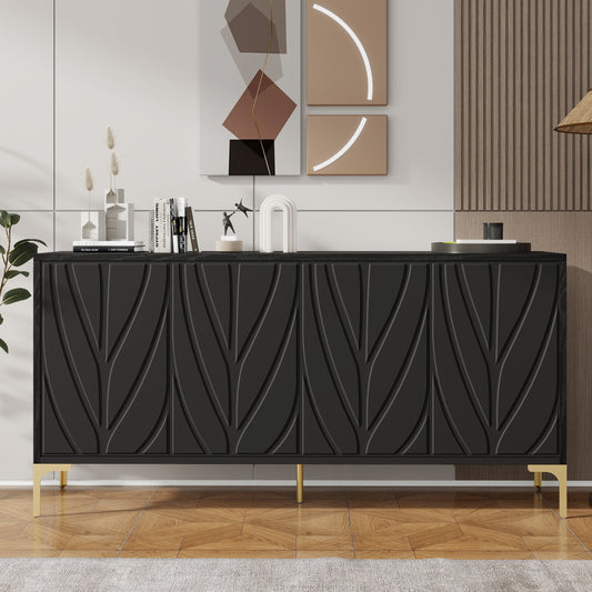 60' Sideboard Buffet Cabinet Handleless Press-to-Open Design,Carved Credenza Storage Cabinet with 4 Doors,Living Room Accent Buffet Modern Black,Entryway Wooden Side Board(Black)