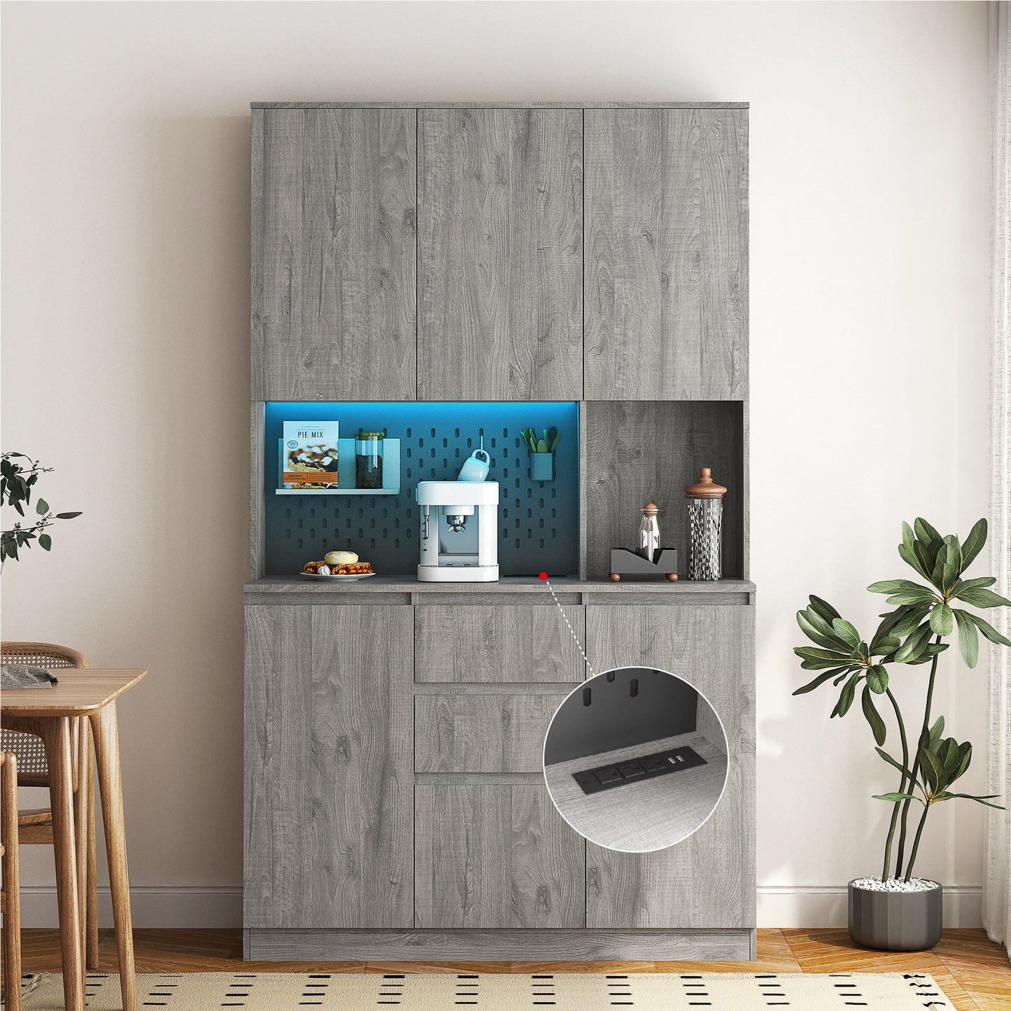 74' Kitchen Pantry Cabinet with Charging Station,Freestanding Buffet Cupboards Sideboard with Drawer,with LED Lights,Modern Pantry Cabinet with Microwave Stand for Kitchen,Living Room,Dinning Room