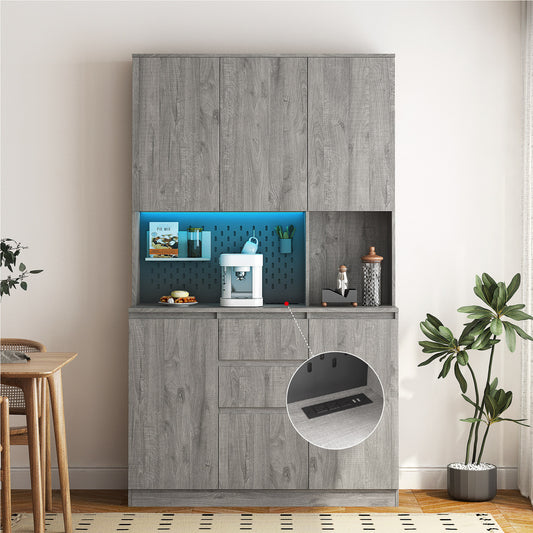 74' Kitchen Pantry Cabinet with Charging Station,Freestanding Buffet Cupboards Sideboard with Drawer,with LED Lights,Modern Pantry Cabinet with Microwave Stand for Kitchen,Living Room,Dinning Room