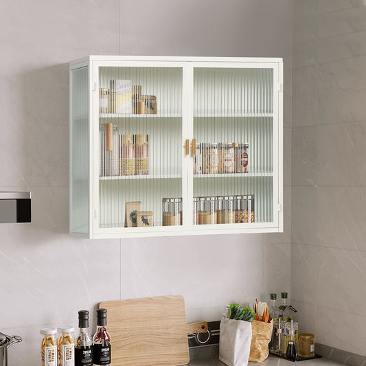 27.56'Glass Doors Modern Two-door Wall Cabinet with Featuring Three-tier Storage for Entryway Living Room Bathroom Dining Room,White