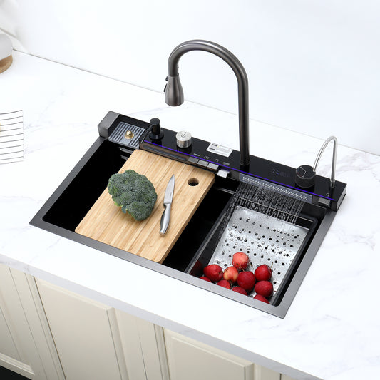 Pull-out Facuet Single Bowl Sink Kitchen Vegetable Sink 304 Whale Waterfall Sink Stainless Steel Dish Sink Vegetable Sink Household Vegetable Washing Basin
