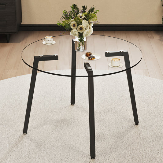 Modern simple style round transparent tempered glass table, tempered glass table top, black metal legs, suitable for kitchen, dining room and living room, 42 '*42' *29.5 '1123r