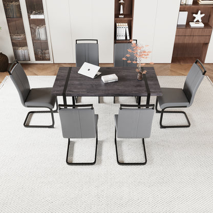 59 ' Dining Table Rural Industrial Rectangular MDF Black Set and PU Armless Dining Chair Set, 6 pieces. Kitchen Black Metal Table Leg Dining Chair Set