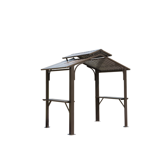 8×5FT Hardtop Grill Gazebo, Outdoor BBQ Gazebo w/Galvanized Steel Double Roof, Permanent Sun Shade Grill Canopy Shelter with 2 Side Shelves and Ceiling Hook for Patio Deck Yard Garden (Brown)