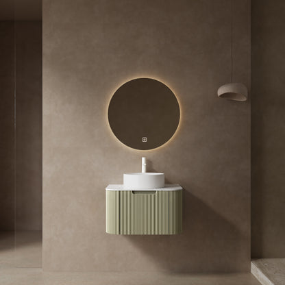 DINA 24' Bathroom Vanity with Sink, Modern Wall-Mounted Floating Curved Edges Striped Bathroom Storage Cabinet with a Drawer, White Round Ceramic Basin without Faucet, Pre-assembled, Light Green Color