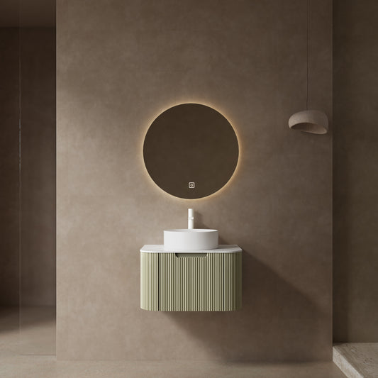 DINA 24' Bathroom Vanity with Sink, Modern Wall-Mounted Floating Curved Edges Striped Bathroom Storage Cabinet with a Drawer, White Round Ceramic Basin without Faucet, Pre-assembled, Light Green Color