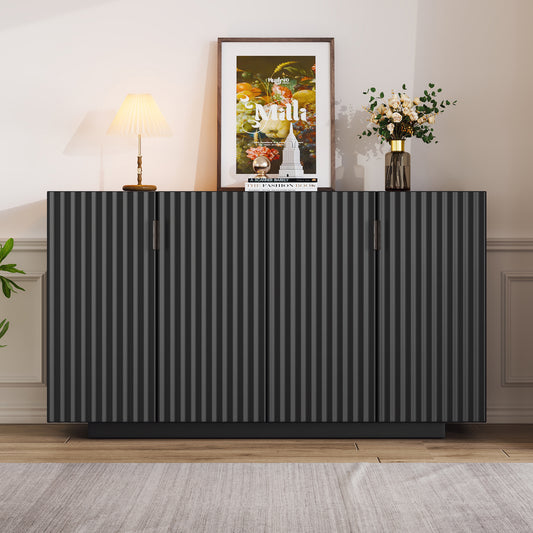 TREXM Buffet Cabinet with Storage, Sideboard Cabinet with Ample Storage Space,4 Fluted Doors Credenza Storage Cabinet with Adjustable Shelves for Dining Room and Living Room (BLACK)