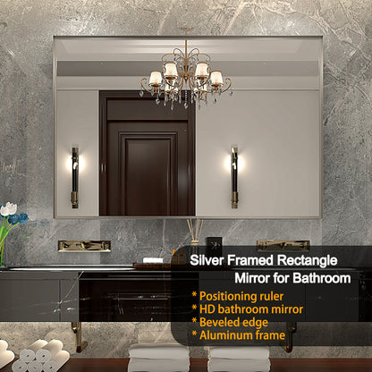 48x30inch Wall Mounted Bevel Wall Mirror For Bathroom Silver Metal Frame Decorative Rectangular Home Decor Corner Hangs Farmhouse Mirror(Horizontal & Vertical)
