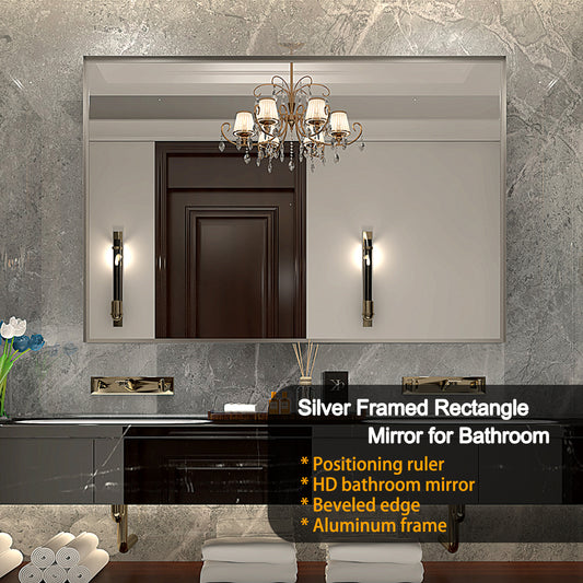 48x30inch Wall Mounted Bevel Wall Mirror For Bathroom Silver Metal Frame Decorative Rectangular Home Decor Corner Hangs Farmhouse Mirror(Horizontal & Vertical)