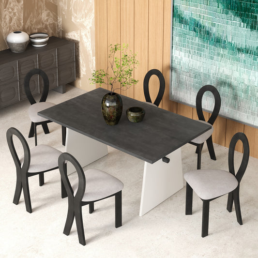 TOPMAX Modern 7-Piece Dining Table Set with Trestle Dining Table and 6 Upholstered Dining Chairs, Compact Kitchen Table Set for 6, Grey
