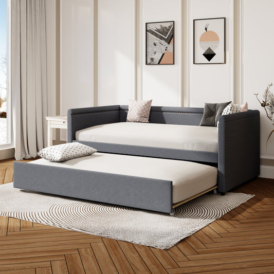 Modern Style Twin Size Upholstered Daybed with Trundle for Guest Room, Small Bedroom, Study Room, Gray