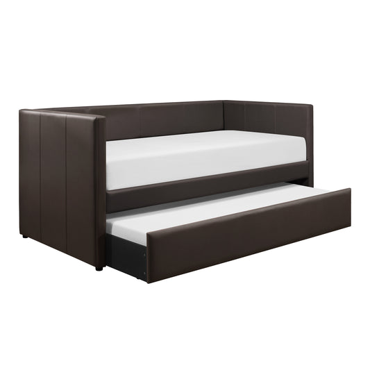 Brown Faux Leather Upholstered Contemporary Daybed with Trundle Wooden Furniture 1pc