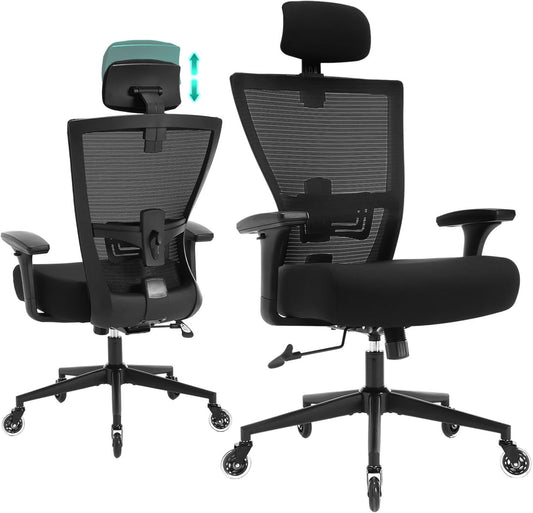 Big and Tall Office Chair 500LBS Ergonomic Office Chair for Heavy People with 3D Armrest, Quiet Rubber Wheels, Adjustable Lumbar Support and Headrest Heavy Duty Metal Base Mesh Chair