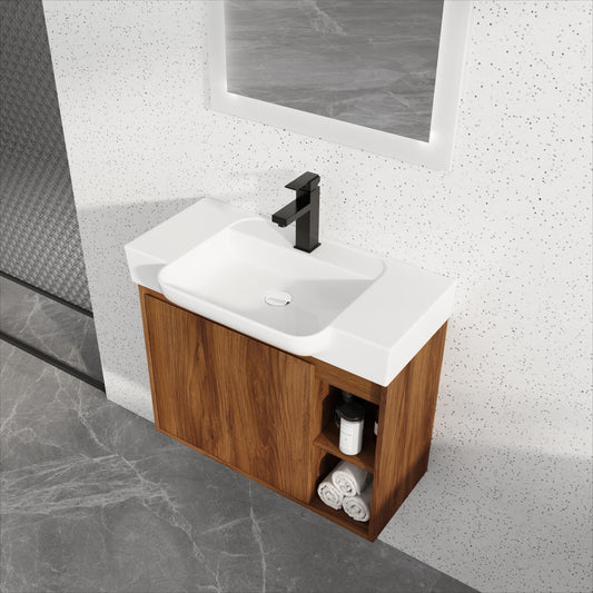 28'' Wall-Mounted Bathroom Vanity with White Ceramic Sink & Soft-Close Door, KD-Packing