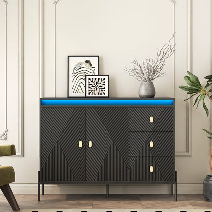 Buffets & Sideboards, Fluted Sideboard Cabinet, 2 Door 3 Drawer Design, with Led Lights,Acceent Black Sideboard - Elegant Cabinet Ideal for Dining Room and Kitchen Storage,Black