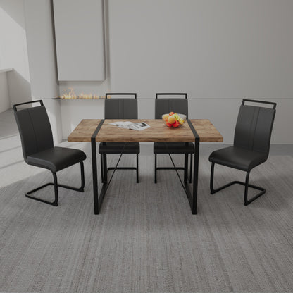 55 ' Dining Table Rural Industrial Rectangular MDF Dark Wood Set and PU Armless Dining Chair Set 4, Kitchen Black Metal Table Leg Dining Chair Set