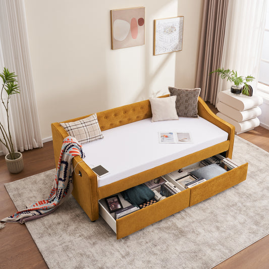 Twin Size Upholstered Daybed with Storage Drawers, Solid Wood Sofábed Bed Frame with Velvet Fabric & Wood Slat Support for Bedroom, Living Room, Office,Yellow