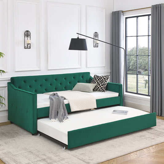 Twin Size Daybed with Twin Size Trundle Upholstered Tufted Sofa Bed,  Waved Shape Arms (80.5'x44.5'x33.5')