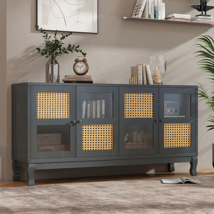 Retro 4-Door Sideboard with Large Storage Space Artificial Rattan Doors and Transparent Glass, Accent Cabinet for Entryway Dining Room Kitchen Living Room,(Industrial Grey)