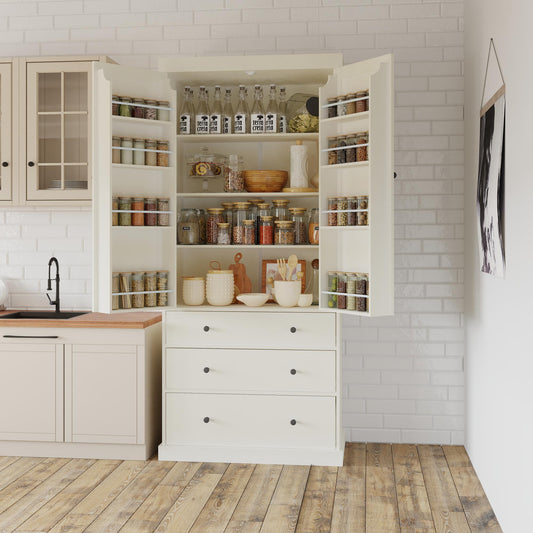 [Assembly Video Provided]TOPMAX 77inch Farmhouse Kitchen Pantry, Freestanding Tall Cupboard Storage Cabinet with 3 Adjustable Shelves, 8 Door Shelves, 3 Drawers for Kitchen, Dining Room, Cream