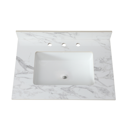 31'x22'Bathroom Vanity Top,sintered stone carra white   Barthroom Vanity Sink Tops with Rectangular Undermount Ceramic Sink with Vanity Backsplash, Three Faucet Hole Bathroom Vanity Countertop
