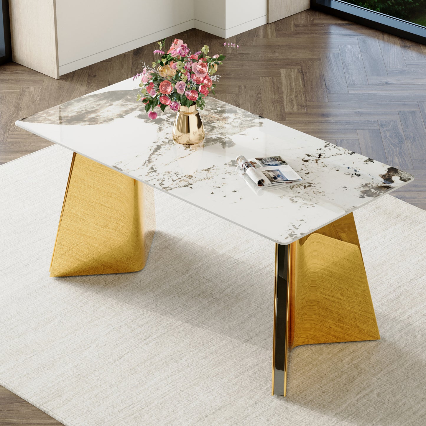 63'x31.5x30' Pandora Patterned Sintered Stone Dining Table with Golden Stainless Steel Butterfly Legs.The tabletop is designed to be scratch and heat resistant.Slabs Tabletop,Stainless Steels Legs.