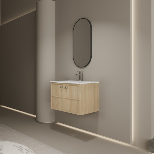30' Wall-Mounted Bathroom Vanity whit Ceramic Sink, 2-Soft Closing Door, Oak, Plywood