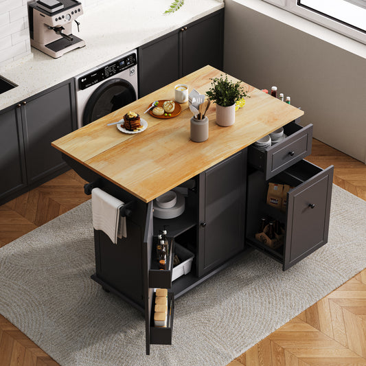 Kitchen Island with Drop Leaf, 53.9' Width Rolling Kitchen Cart on Wheels with Internal Storage Rack and 3 Tier Pull Out Cabinet Organizer, Kitchen Storage Cart with Spice Rack, Towel Rack (Black)