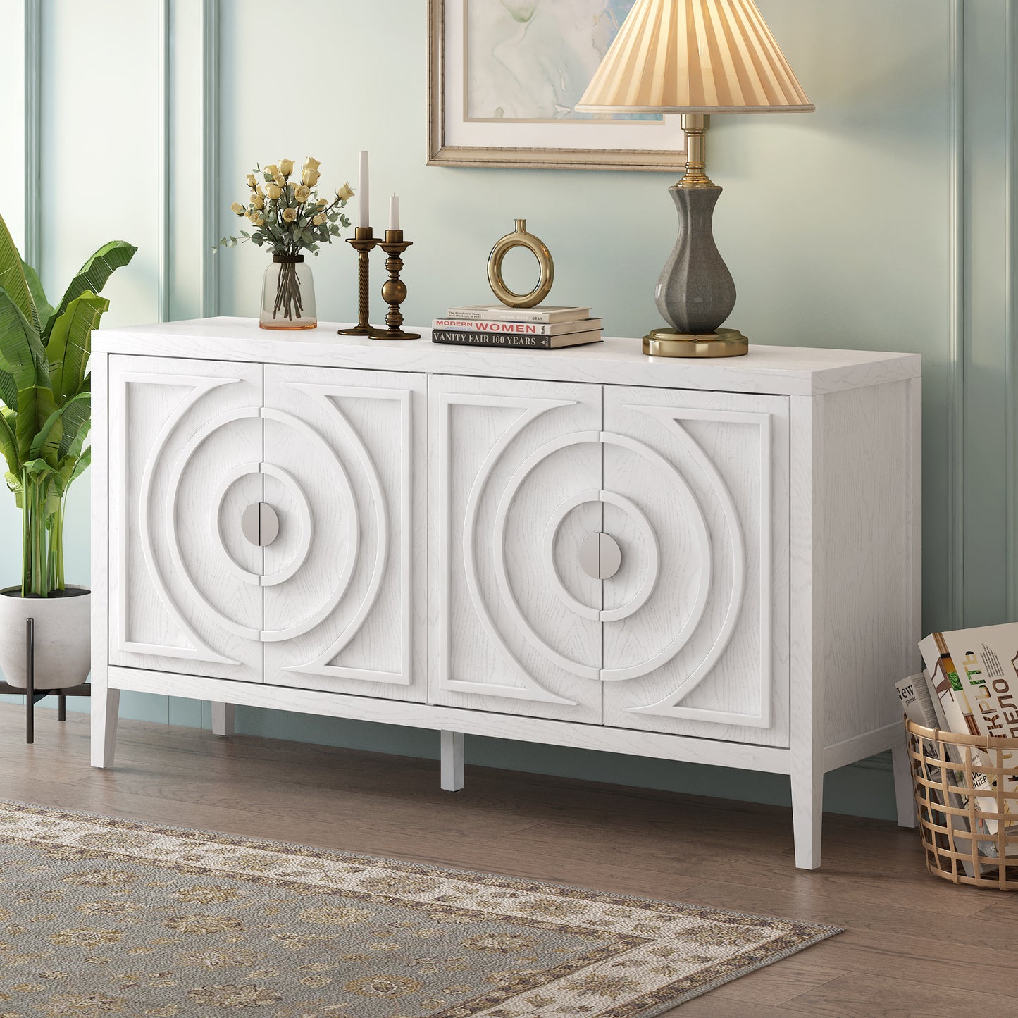 TREXM Retro Sideboard door with Circular Groove Design Round Metal Door Handle for Entrance, Dinning Room, Living Room (White)