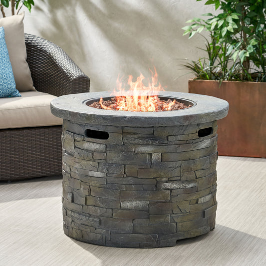 Outdoor 35' Lightweight Concrete Round Propane Fire Pit -  40,000 BTU, Natural Stone (Tank Inside)