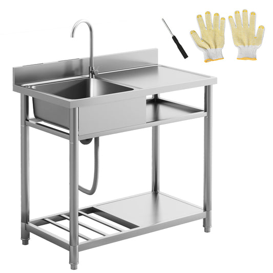 HOMCOM Outdoor Utility Sink, Deep Stainless Steel Sink, Free Standing Single Bowl Kitchen Sink with Cold and Hot Water Pipe and Storage Shelf for Laundry Garage, 39 Inch