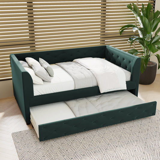 Twin Size Upholstered Velvet Tufted Daybed with Trundle, Green