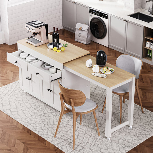 K&K 74.5 inch Kitchen Island with Extendable Dining Table , Rolling Kitchen Island on Wheels with Spice Rack and 2 Drawers,  Kitchen Storage Cart with 4 Door Cabinet, for Kitchen, Dining Room, White