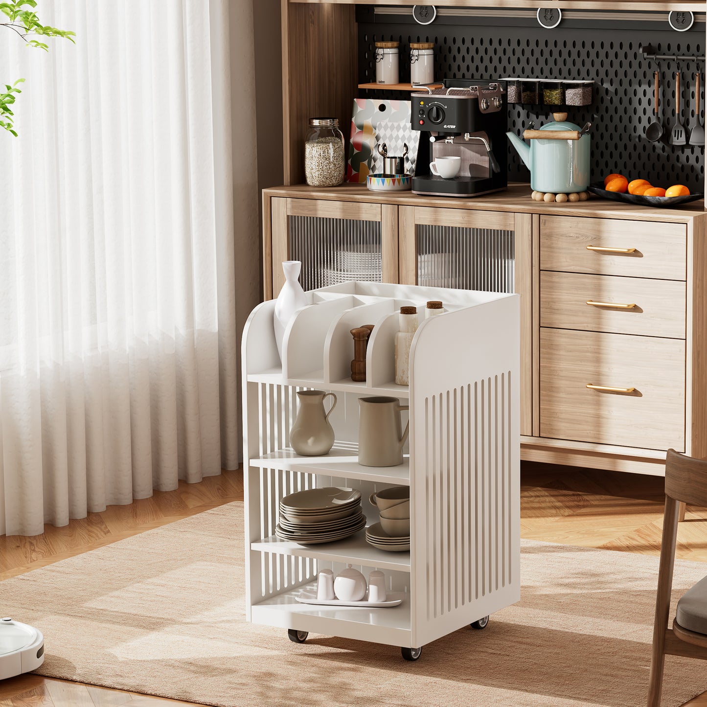 4 Tier Kitchen Island Cart with Spice Rack & Locking Casters, Simple Design Mobile Kitchen Storage Islands for Kitchen Living Room, White