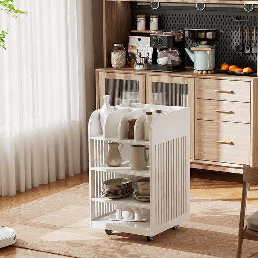 4 Tier Kitchen Island Cart with Spice Rack & Locking Casters, Simple Design Mobile Kitchen Storage Islands for Kitchen Living Room, White