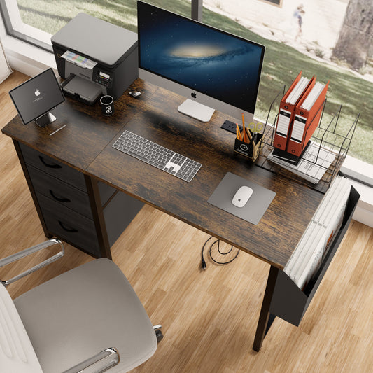 47.3'office desk with power outlet,3drawers and Side Pocket, Easy to Assemble,Frame stability Reversible for Home Office Study,Rustic Brown