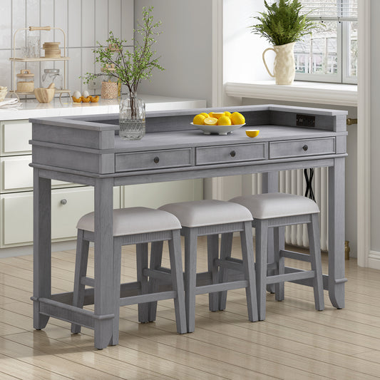 TREXM 4-Piece Dining Table Set for 3, Retro Kitchen Table and Chairs Set with 3 Storage Drawers, Ideal for Small Spaces (Gray)