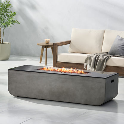 56' Outdoor Patio Concrete Fire table, Rectangle Gas Burning Fire Pit - 50, 000 BTU, Light Grey + Black Top (Tank Cover not Included)