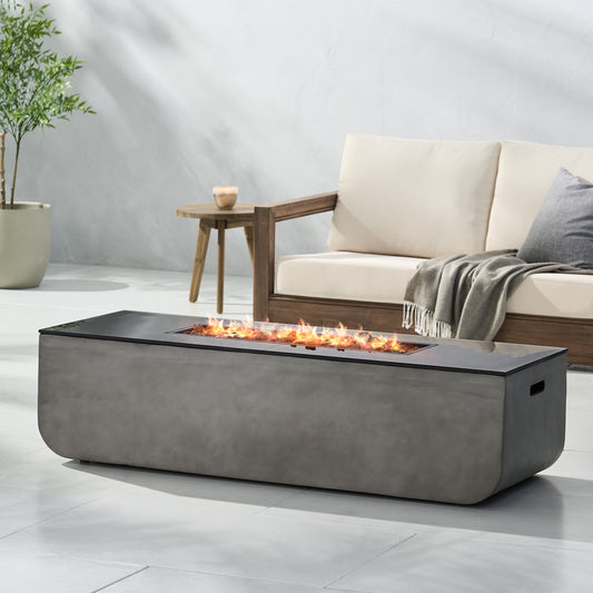 56' Outdoor Patio Concrete Fire table, Rectangle Gas Burning Fire Pit - 50, 000 BTU, Light Grey + Black Top (Tank Cover not Included)