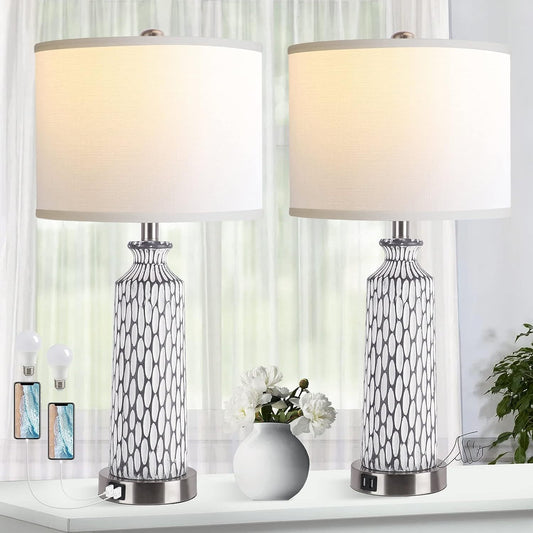 Living Room Table Lamp, Bedroom Bedside Lamp (Set of 2) with USB Port, 3-Way Dimming Touch Control, Modern Coastal White Gray Resin Bedside Lamp with 2700K LED Bulb