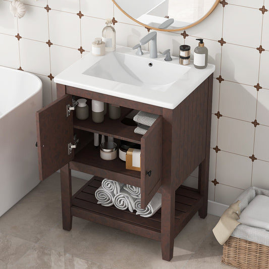 [VIDEO] 24' Brown Modern Sleek Bathroom Vanity Elegant Ceramic Sink with Solid Wood Frame Open Style Shelf