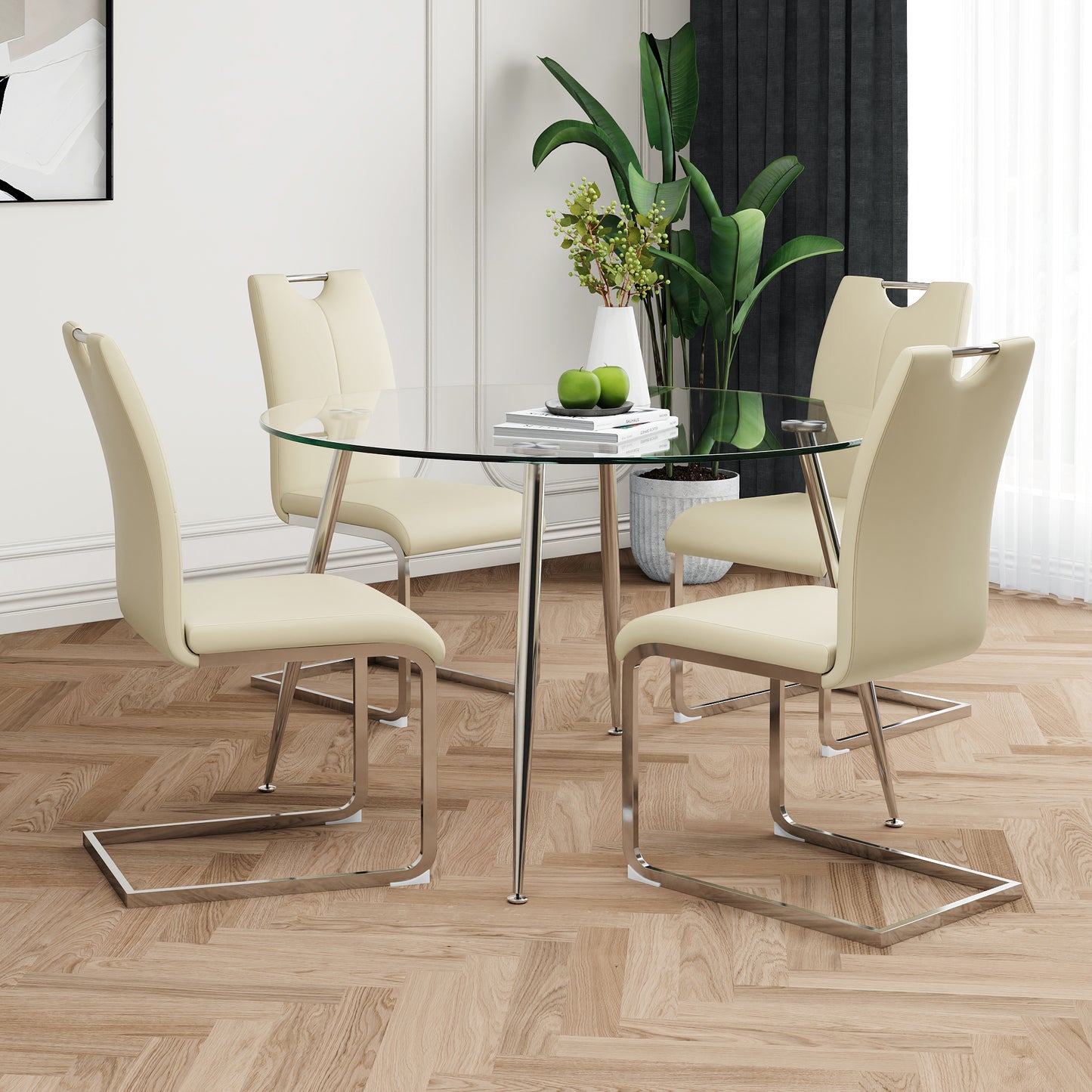 Modern simple round glass table, wear-resistant tempered glass countertop, electroplated table legs, light yellow PU dining chair set, suitable for restaurant kitchen use (set of 5)