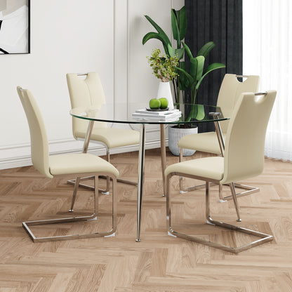 Modern simple round glass table, wear-resistant tempered glass countertop, electroplated table legs, light yellow PU dining chair set, suitable for restaurant kitchen use (set of 5)