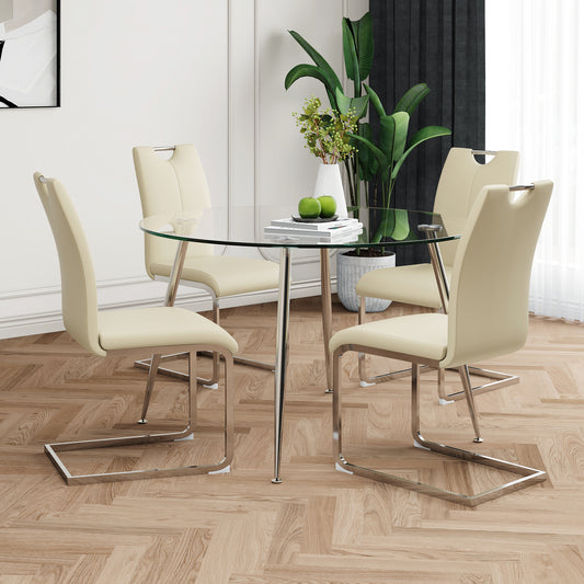 Modern simple round glass table, wear-resistant tempered glass countertop, electroplated table legs, light yellow PU dining chair set, suitable for restaurant kitchen use (set of 5)
