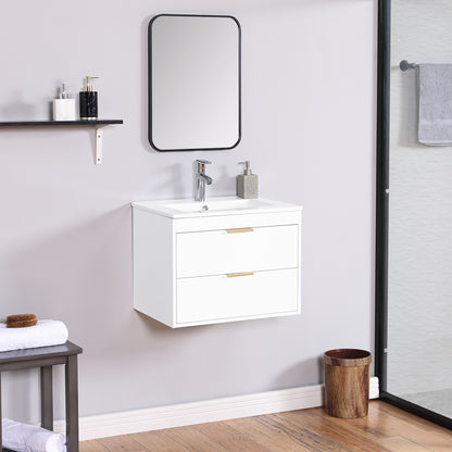 24' floating wall mounted bathroom vanity with white ceramic sink and drawer storage